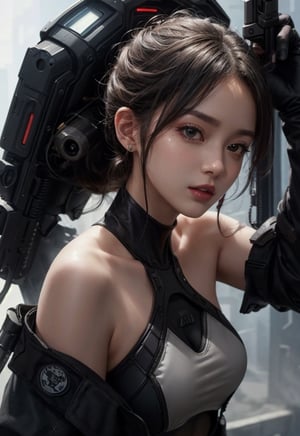 beautiful, realistic, masterpiece, HD, 1 girl, ((futuristic black tactical suit)), sexy, charming, seductive, special operation agent, crop top off shoulder, advanced gadgets, holding weapons, urban techwear