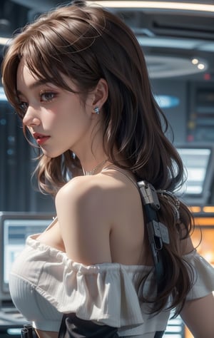 In a photorealistic masterpiece, a slender girl with sparkling brown eyes and a warm smile sits in a futuristic large spaceship. Her wavy brown hair falls to the side as she wears a crop top and off-shoulder outfit, complemented by a sleek black tactical suit with utility belts. The silver watch on her wrist glints in high contrast lighting. Half of her body is visible from the side view, showcasing her calm expression as she operates a machine while holding an assault rifle. A necklace adorns her neck, adding a touch of elegance to this futuristic special operation agent.,Assault rifle 