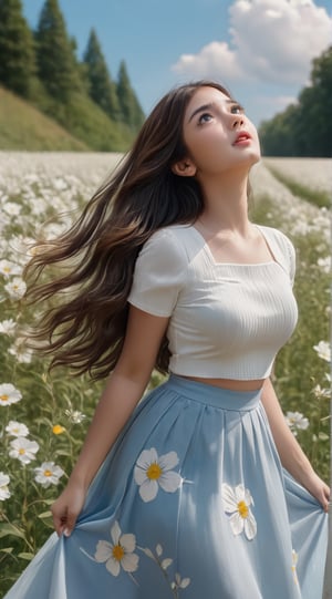 (((Long-haired girl looking up at the sky at 45 degrees))),  (wearing a long skirt,  slightly sideways),  (Disney style,  floating feeling),  shadow, (((perfect render prompt))), (beautyfull masterpiece of photograph,) (high quality details,  RAW photo,  sliding,  8K resolution,  detailed realistic materials,  detailed skin tone,  (((symmetric pupil eyes))),  beautifull detailed eyes,  clear and delicate rendering,  ((perfect finger render)),  blue sky and white clouds highlight),  ((wind)),  flowers field background,gh3a