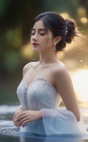 best quality,masterpiece,highres,cg,1girl,long hair,dress,water,solo,jewelry,white dress,earrings,hair ornament,splashing,upper body,longhair ,black hair,lighting,candid,Photograph,high resolution,4k,8k,Bokeh,gh3a