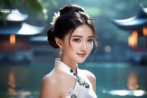 best quality,masterpiece,highres,cg, 1girl,(seductive smile:0.8),long hair,star-shaped pupils,cheongsam,dress,water,solo,jewelry,white dress,earrings,hair ornament,splashing,upper body,hair bun,black hair, lighting,candid,Photograph,high resolution,4k,8k,Bokeh,