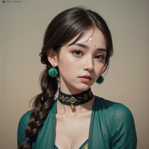 Protrait, photograph, androgynous hunnuman, oval jaw, delicate features, beautiful face, dreadlocked hair, long bangs, long ponytail, bright blue-green eyes, hindu art, Korean