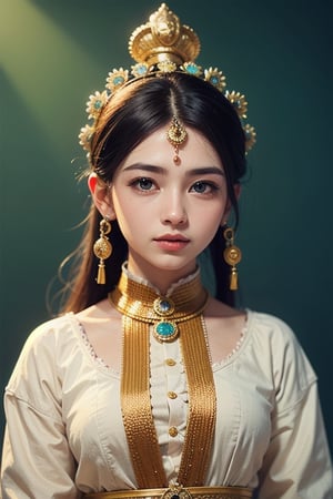 Protrait, photograph, androgynous hunnuman, oval jaw, delicate features, beautiful face, dreadlocked hair, long bangs, long ponytail, bright blue-green eyes, hindu art, Korean