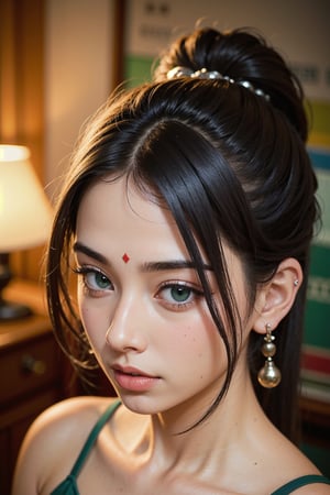 Protrait, photograph, androgynous hunnuman, oval jaw, delicate features, beautiful face, dreadlocked hair, long bangs, long ponytail, bright blue-green eyes, hindu art, Korean acting pornstar 