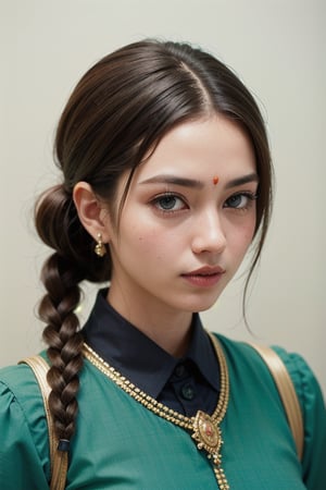 Protrait, photograph, androgynous hunnuman, oval jaw, delicate features, beautiful face, dreadlocked hair, long bangs, long ponytail, bright blue-green eyes, hindu art, Korean