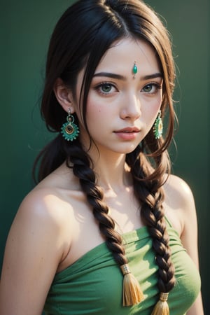 Protrait, photograph, androgynous hunnuman, oval jaw, delicate features, beautiful face, dreadlocked hair, long bangs, long ponytail, bright blue-green eyes, hindu art, Korean acting pornstar 