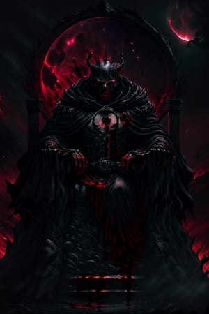 powerful and ominous man like figure sitting on a throne, dressed in a black robe, dark crown on the figure's head further emphasizes its authority and power, figure's position of power and control over hood, red surrounding the throne add to the sense of danger and intensity, sense of dark, powerful, and ominous energy, with the figure on the throne being the central focus of the scene, evil,manga panel,  face of the figure on the throne is not clearly visible as it is partially obscured by the dark robe, dark red, moon light, dark red background, blood at bottom of thrown,monochrome,Realism,More Detail,Circle,fantasy00d, death, hood, 1 person
