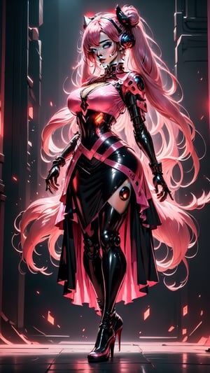 Girl,(fullbody:1.3), ((full body)), cyber mage cast spell, gem, vibrant colors, (cyberpunk style), (dynamic pose), night, soft lighting, Detailedface,  best quality, extremely detailed, area lighting in background, (extremely intricate:1.3), realistic, GlowingRunes_red, powerfull magic, magic particles, 1girl, beautiful figure, thin waist, wide hips, big breasts, cute woman, tall body, 20year old, twintails, hair buns, (pink hair:1.2), (dark red hair:0.8), (gradient hair:1.5), (more_details:1.5), (long hair:1.4), (full body), kinky dress, (latex dress:1.4), thigh high boots, (cheongasm dress:1.1), (china dress), (elvish library), (hyperrealism:1.2), (transparent dress:1.3), (perfect hands:1.5)