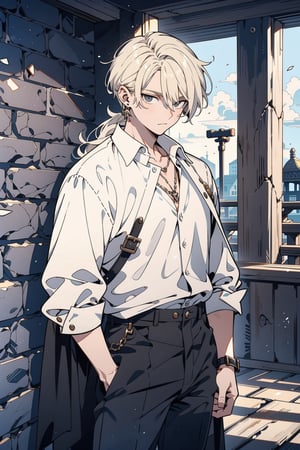 (cowboy_shot:1.1), 1 guy, solo, adult, (mature:0.95), tall, handsome man, blonde hair, (mullet hair), black eyes, sharp eyes, midjourney, mercenary man, white shirt, brown pants, leather armor, dangerous white sun, in the room, stone wall, medieval fantasy