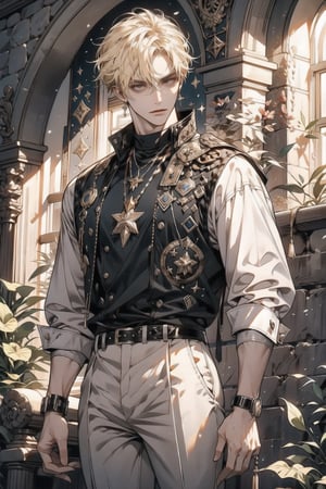 (cowboy_shot:1.1), 1 guy, solo, adult, (mature:0.95), tall, handsome man, blonde hair, (mullet hair), black eyes, sharp eyes, midjourney, mercenary man, white shirt, brown pants, leather armor, dangerous white sun, in the room, stone wall, medieval fantasy