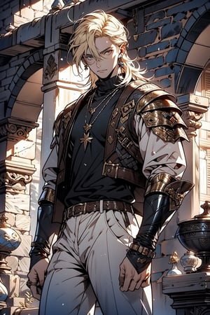 (cowboy_shot:1.1), 1 guy, solo, adult, (mature:0.95), tall, handsome man, blonde hair, (mullet hair), black eyes, sharp eyes, midjourney, mercenary man, white shirt, brown pants, leather armor, dangerous white sun, in the room, stone wall, medieval fantasy