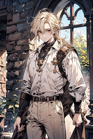 (cowboy_shot:1.1), 1 guy, solo, adult, (mature:0.95), tall, handsome man, blonde hair, (mullet hair), black eyes, sharp eyes, midjourney, mercenary man, white shirt, brown pants, leather armor, dangerous white sun, in the room, stone wall, medieval fantasy