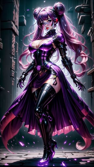 Girl,(fullbody:1.3), ((full body)), cyber mage cast spell, gem, vibrant colors, (cyberpunk style), (dynamic pose), night, soft lighting, Detailedface,  best quality, extremely detailed, area lighting in background, (extremely intricate:1.3), realistic, GlowingRunes_purple, powerfull magic, magic particles, 1girl, beautiful figure, thin waist, wide hips, big breasts, cute woman, tall body, 20year old, twintails, hair buns, (pink hair:1.2), (dark red hair:0.8), (gradient hair:1.5), (more_details:1.5), (long hair:1.4), (full body), kinky dress, (latex dress:1.4), thigh high boots, (cheongasm dress:1.1), (china dress), (elvish library), (hyperrealism:1.2), (transparent dress:1.3), (perfect hands:1.5)