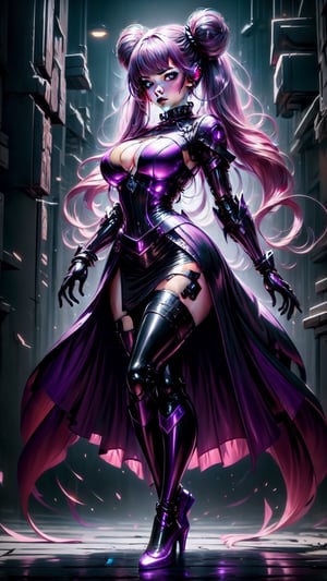Girl,(fullbody:1.3), ((perfect hands)), ((full body)), cyber mage cast spell, gem, vibrant colors, (cyberpunk style), (dynamic pose), night, soft lighting, Detailedface,  best quality, extremely detailed, area lighting in background, (extremely intricate:1.3), realistic, GlowingRunes_purple, powerfull magic, magic particles, 1girl, beautiful figure, thin waist, wide hips, big breasts, cute woman, tall body, 20year old, twintails, hair buns, (pink hair:1.2), (dark red hair:0.8), (gradient hair:1.5), (more_details:1.5), (long hair:1.4), (full body), kinky dress, (latex dress:1.4), thigh high boots, (cheongasm dress:1.1), (china dress), (elvish library), (hyperrealism:1.2), (transparent dress:1.3), (perfect hands:1.5)