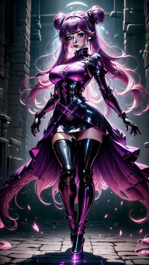Girl,(fullbody:1.3), ((perfect hands)), ((full body)), cyber mage cast spell, gem, vibrant colors,  (dynamic pose), night, soft lighting, Detailedface,  best quality, extremely detailed, area lighting in background, (extremely intricate:1.3), realistic, GlowingRunes_purple, powerfull magic, magic particles, 1girl, beautiful figure, thin waist, wide hips, big breasts, cute woman, tall body, 20year old, twintails, hair buns, (pink hair:1.2), (dark red hair:0.8), (gradient hair:1.5), (more_details:1.5), (long hair:1.4), (full body), kinky dress, (latex dress:1.4), thigh high boots, (cheongasm dress:1.1), (china dress), (elvish library), (hyperrealism:1.2), (transparent dress:1.3), (perfect hands:1.5)