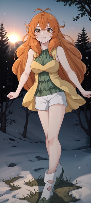 dinamic pose, adult, alice, full body, green blouse, yellow dress, white long shorts:2, brown eyes, long hair, orange hair,snowy forest from north of europe background, sunrise light, high knee white booties, standing, greenshoe sole, open dress, detailled clothes