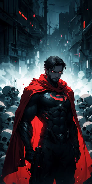 Superman standing, ((surrounded by skulls and death)), (red cape), facial_hair, red eyes, glowing eyes, (hair over eyes), black hair, pale_skin:1.3, masterpiece, ultra detailed image, a perfect image unfolds with 8k resolution, professional, HDR, high resolution, best illumination, extremely detailed, ray tracing, realistic lighting effects, ((dark colors)), (sad colors), neon noir illustration, solo_focus.