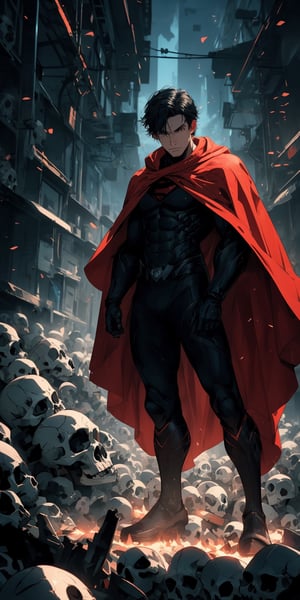 Superman standing, ((surrounded by skulls and death)), (red cape), long cape, facial_hair, red eyes, glowing eyes:1.2, bangs, (hair over eyes), black hair, pale_skin:1.3, masterpiece, ultra detailed image, a perfect image unfolds with 8k resolution, professional, HDR, high resolution, best illumination, extremely detailed, ray tracing, realistic lighting effects, ((dark colors)), (sad colors), neon noir illustration, solo_focus, full-body. 