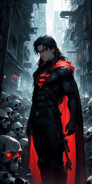 Superman standing, ((surrounded by skulls and death)), (red cape), facial_hair, red eyes, glowing eyes, ((long hair)), (hair over eyes), black hair, pale_skin:1.3, masterpiece, ultra detailed image, a perfect image unfolds with 8k resolution, professional, HDR, high resolution, best illumination, extremely detailed, ray tracing, realistic lighting effects, ((dark colors)), (sad colors), neon noir illustration, solo_focus.