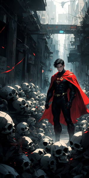 Superman standing, ((surrounded by skulls and death)), (red cape), long cape, facial_hair, red eyes, glowing eyes:1.2, bangs, (hair over eyes), black hair, pale_skin:1.3, masterpiece, ultra detailed image, a perfect image unfolds with 8k resolution, professional, HDR, high resolution, best illumination, extremely detailed, ray tracing, realistic lighting effects, ((dark colors)), (sad colors), neon noir illustration, solo_focus, full-body. 