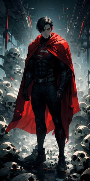 Superman standing, ((surrounded by skulls and death)), (red cape), facial_hair, red eyes, glowing eyes, bangs, (hair over eyes), black hair, pale_skin:1.3, masterpiece, ultra detailed image, a perfect image unfolds with 8k resolution, professional, HDR, high resolution, best illumination, extremely detailed, ray tracing, realistic lighting effects, ((dark colors)), (sad colors), neon noir illustration, solo_focus, full-body. 