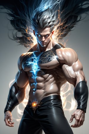 (masterpiece, top quality, best quality, official art, beautiful and aesthetic:1.2), (man), muscle, extreme detailed,(abstract, fractal art:1.3),colorful hair,highest detailed, detailed_eyes, fire, water, ice, lightning, light_particles, ghost,