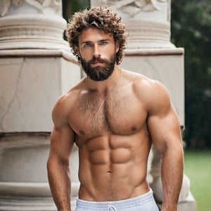 Man, muscles, perfect body, five fingers, perfect hands, anatomically perfect body, sexy posture, thick beard, sexy short beard, blue eyes, brown hair, curly hair, mystical, shirtless, sexy king, god, angel