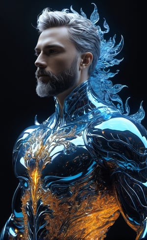 the glass beautiful man, body, full body, symmetry, nature, subsurface scattering, transparent, translucent skin, glow, bloom, Bioluminescent liquid,3d style,cyborg style,Movie Still,Leonardo Style, cool color, vibrant, volumetric light (masterpiece, top quality, best quality, official art, beautiful and aesthetic:1.2), (1man), extreme detailed,(abstract, fractal art:1.3),colorful hair,highest detailed, detailed_eyes, fire, water, ice, lightning, light_particles, ghost, Man, muscles, perfect body, five fingers, perfect hands, anatomically perfect body, sexy posture, thick beard, sexy beard, brown eyes, silver hair, curly hair, ice crown, embroidered cap, king, angel, god,NightmareFlame