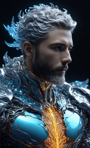 the glass beautiful man, body, full body, symmetry, nature, subsurface scattering, transparent, translucent skin, glow, bloom, Bioluminescent liquid,3d style,cyborg style,Movie Still,Leonardo Style, cool color, vibrant, volumetric light (masterpiece, top quality, best quality, official art, beautiful and aesthetic:1.2), (1man), extreme detailed,(abstract, fractal art:1.3),colorful hair,highest detailed, detailed_eyes, fire, water, ice, lightning, light_particles, ghost, Man, muscles, perfect body, five fingers, perfect hands, anatomically perfect body, sexy posture, thick beard, sexy beard, brown eyes, silver hair, curly hair, ice crown, embroidered cap, king, angel, god,NightmareFlame