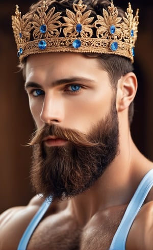 Man, muscles, perfect body, five fingers, perfect hands, anatomically perfect body, sexy posture, thick beard, sexy beard, blue eyes, brown hair, curly hair, ice crown, embroidered cap, blue fire, mystical