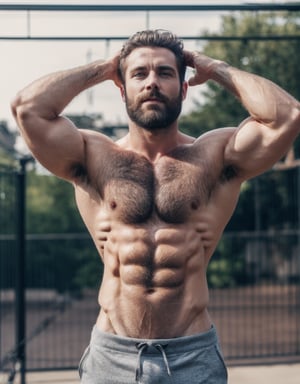 8K masterpiece, photograph, bearded man, confident expression, (shirt):1.5, (lifting tanktop to reveal big hard nipples and extremely hairy chest):1.5, relaxed stance, vertical slat fence background, neutral color, outdoor setting, realistic appearance, (best quality):1.5, Sexy Muscular