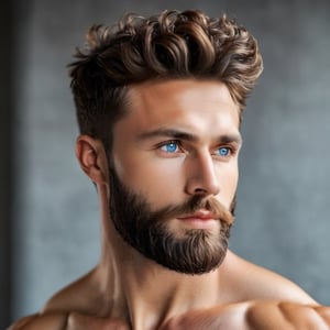 Man, muscles, perfect body, five fingers, perfect hands, anatomically perfect body, sexy posture, thick beard, sexy short beard, blue eyes, brown hair, curly hair, mystical, shirtless, king, god, portrait_futurism