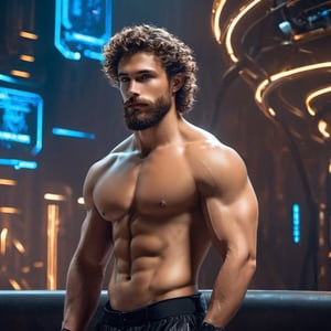 Man, muscles, perfect body, anatomically perfect body, sexy posture, sexy beard, blue eyes, brown hair, curly hair, mystical, shirtless, sexy king, god, angel,cyberpunk style,cyberpunk