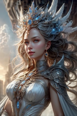 (masterpiece, top quality, best quality, official art, beautiful and aesthetic:1.2), (1woman), extreme detailed,(abstract, fractal art:1.3),colorful hair,highest detailed, detailed_eyes, fire, water, ice, lightning, light_particles, ghost, woman, perfect body, five fingers, perfect hands, anatomically perfect body, sexy posture, brown eyes, silver hair, curly hair, ice crown, embroidered cap, qeen