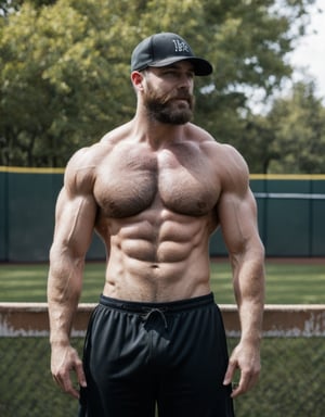 8K masterpiece, photograph, bearded man, confident expression, (shirt):1.5, (baseball cap):1.5, (lifting tanktop to reveal big hard nipples and extremely hairy chest):1.5, relaxed stance, vertical slat fence background, neutral color, outdoor setting, realistic appearance, (best quality):1.5, Sexy Muscular