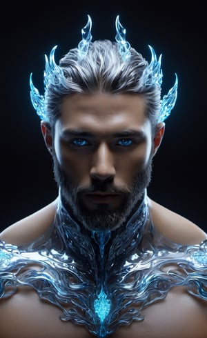 the glass beautiful man, body, full body, symmetry, nature, subsurface scattering, transparent, translucent skin, glow, bloom, Bioluminescent liquid,3d style,cyborg style,Movie Still,Leonardo Style, cool color, vibrant, volumetric light (masterpiece, top quality, best quality, official art, beautiful and aesthetic:1.2), (1man), extreme detailed,(abstract, fractal art:1.3),colorful hair,highest detailed, detailed_eyes, fire, water, ice, lightning, light_particles, ghost, Man, muscles, perfect body, five fingers, perfect hands, anatomically perfect body, sexy posture, thick beard, sexy beard, brown eyes, silver hair, curly hair, ice crown, embroidered cap, king, angel, god,NightmareFlame