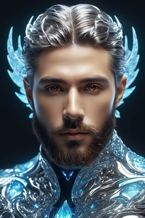 the glass beautiful man, body, full body, symmetry, nature, subsurface scattering, transparent, translucent skin, glow, bloom, Bioluminescent liquid,3d style,cyborg style,Movie Still,Leonardo Style, cool color, vibrant, volumetric light (masterpiece, top quality, best quality, official art, beautiful and aesthetic:1.2), (1man), extreme detailed,(abstract, fractal art:1.3),colorful hair,highest detailed, detailed_eyes, fire, water, ice, lightning, light_particles, ghost, Man, muscles, perfect body, five fingers, perfect hands, anatomically perfect body, sexy posture, thick beard, sexy beard, brown eyes, silver hair, curly hair, ice crown, embroidered cap, king, angel, god,NightmareFlame, all body