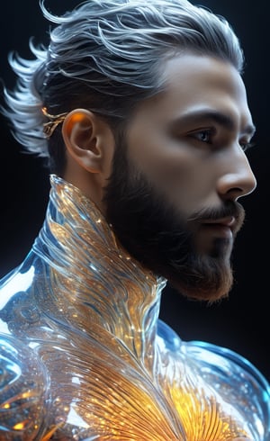 the glass beautiful man, body, full body, symmetry, nature, subsurface scattering, transparent, translucent skin, glow, bloom, Bioluminescent liquid,3d style,cyborg style,Movie Still,Leonardo Style, cool color, vibrant, volumetric light (masterpiece, top quality, best quality, official art, beautiful and aesthetic:1.2), (1man), extreme detailed,(abstract, fractal art:1.3),colorful hair,highest detailed, detailed_eyes, fire, water, ice, lightning, light_particles, ghost, Man, muscles, perfect body, five fingers, perfect hands, anatomically perfect body, sexy posture, thick beard, sexy beard, brown eyes, silver hair, curly hair, ice crown, embroidered cap, king, angel, god