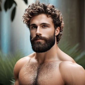 Man, muscles, perfect body, five fingers, perfect hands, anatomically perfect body, sexy posture, thick beard, sexy short beard, blue eyes, brown hair, curly hair, mystical, shirtless, sexy king, bioluminiscent