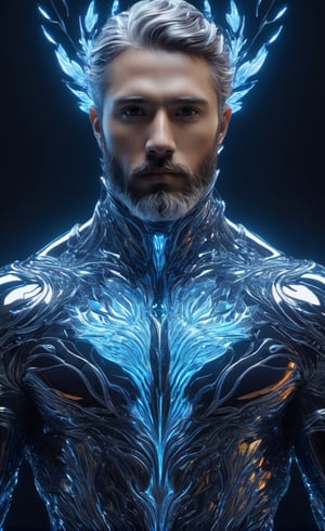 the glass beautiful man, body, full body, symmetry, nature, subsurface scattering, transparent, translucent skin, glow, bloom, Bioluminescent liquid,3d style,cyborg style,Movie Still,Leonardo Style, cool color, vibrant, volumetric light (masterpiece, top quality, best quality, official art, beautiful and aesthetic:1.2), (1man), extreme detailed,(abstract, fractal art:1.3),colorful hair,highest detailed, detailed_eyes, fire, water, ice, lightning, light_particles, ghost, Man, muscles, perfect body, five fingers, perfect hands, anatomically perfect body, sexy posture, thick beard, sexy beard, brown eyes, silver hair, curly hair, ice crown, embroidered cap, king, angel, god,NightmareFlame