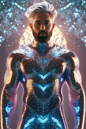 the glass beautiful man, body, full body, symmetry, nature, subsurface scattering, transparent, translucent skin, glow, bloom, Bioluminescent liquid,3d style,cyborg style,Movie Still,Leonardo Style, cool color, vibrant, volumetric light (masterpiece, top quality, best quality, official art, beautiful and aesthetic:1.2), (1man), extreme detailed,(abstract, fractal art:1.3),colorful hair,highest detailed, detailed_eyes, fire, water, ice, lightning, light_particles, ghost, Man, muscles, perfect body, five fingers, perfect hands, anatomically perfect body, sexy posture, thick beard, sexy beard, brown eyes, silver hair, curly hair, ice crown, embroidered cap, king, shirtless, god,NightmareFlame, (full top body)1.5, 6 pack