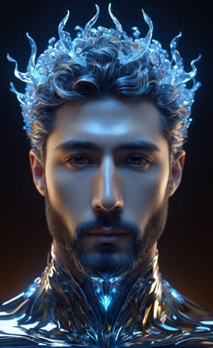 the glass beautiful man, body, full body, symmetry, nature, subsurface scattering, transparent, translucent skin, glow, bloom, Bioluminescent liquid,3d style,cyborg style,Movie Still,Leonardo Style, cool color, vibrant, volumetric light (masterpiece, top quality, best quality, official art, beautiful and aesthetic:1.2), (1man), extreme detailed,(abstract, fractal art:1.3),colorful hair,highest detailed, detailed_eyes, fire, water, ice, lightning, light_particles, ghost, Man, muscles, perfect body, five fingers, perfect hands, anatomically perfect body, sexy posture, thick beard, sexy beard, brown eyes, silver hair, curly hair, ice crown, embroidered cap, king, angel, god,NightmareFlame