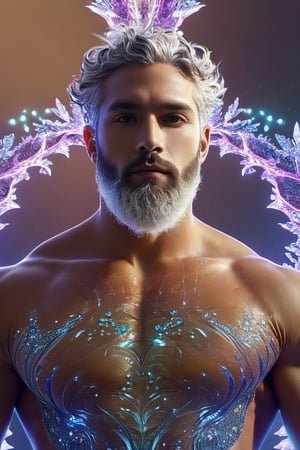 the glass beautiful man, body, full body, symmetry, nature, subsurface scattering, transparent, translucent skin, glow, bloom, Bioluminescent liquid,3d style,cyborg style,Movie Still,Leonardo Style, cool color, vibrant, volumetric light (masterpiece, top quality, best quality, official art, beautiful and aesthetic:1.2), (1man), extreme detailed,(abstract, fractal art:1.3),colorful hair,highest detailed, detailed_eyes, fire, water, ice, lightning, light_particles, ghost, Man, muscles, perfect body, five fingers, perfect hands, anatomically perfect body, sexy posture, thick beard, sexy beard, brown eyes, silver hair, curly hair, ice crown, embroidered cap, king, angel, god,NightmareFlame, all body