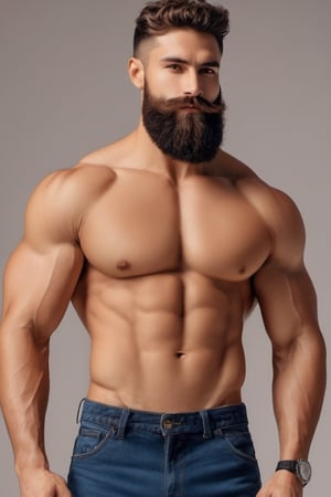 Man, muscles, perfect body, five fingers, perfect hands, anatomically perfect body, sexy posture, thick beard, sexy beard, brown eyes, brown hair, curly hair, ice crown, embroidered cap, 8k, real life, 