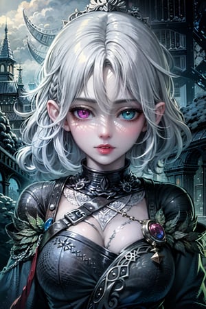 (masterpiece, top quality, best quality, official art, beautiful and aesthetic:1.2), (1girl:1.3), heterochromia ,SharpEyess,Agoon, archer, winter, blizzard, catsle