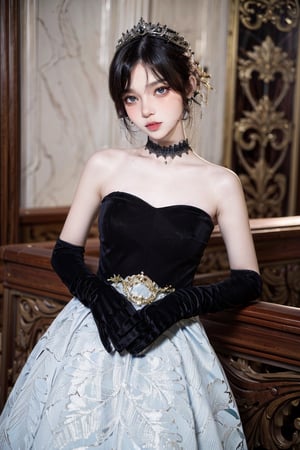 female, ((masterpiece, best quality, ultra detailed, absurdres):1.5), black hair, solo,long hair,breasts,looking at viewer,pink, bare shoulders, black dress, black_glove, choker,adress2