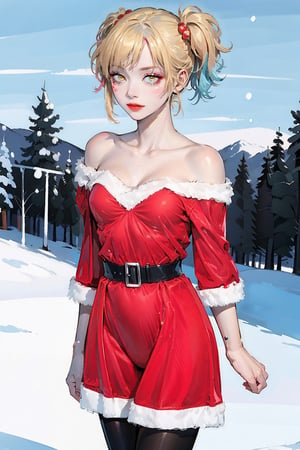 masterpiece, best quality, illustration, 1girl, snow,ZGirl,sntdrs, red santa dress,1girl,fur, open cloth, bare_shoulders