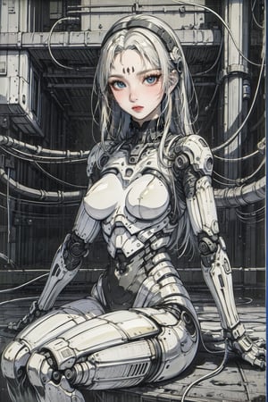 female, ((masterpiece, best quality, ultra detailed, absurdres):1.5), white hair, solo,long hair,breasts,looking at viewer,black hair,sitting,closed mouth,facial mark,traditional media,science fiction,android,joints,cable,robot joints