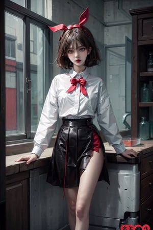 1girl, (masterpiece, best quality, ultra detailed, absurdres)1.5, hehe, lab blouse, hair ribbon, skirt, bare legs