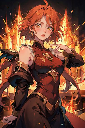 masterpiece:1.2), best quality, PIXIV, arcana, arcana, 1girl, red hair,  fire background, fire hair ,bug, fire, fire dragon, red glow,lina